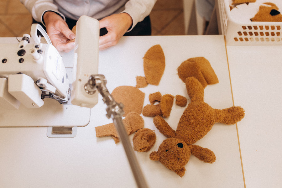 Soft toys being sewn in the Wooly Organic workshop