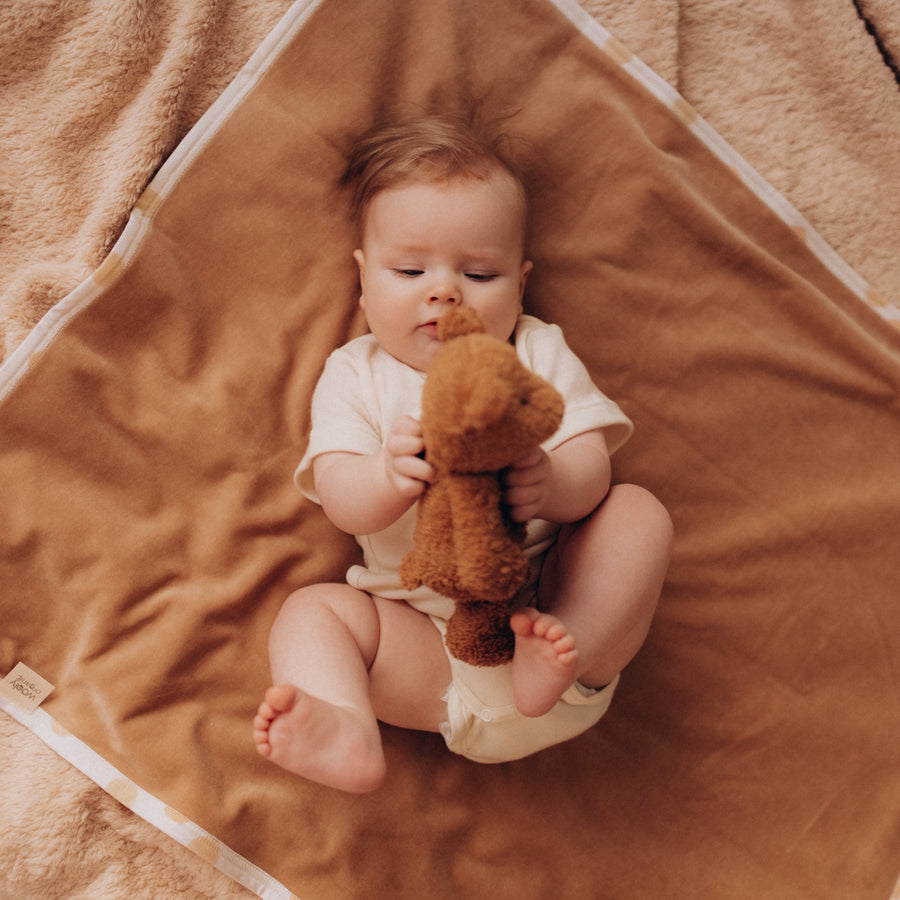 Baby asleep on a blanket holding a soft toy