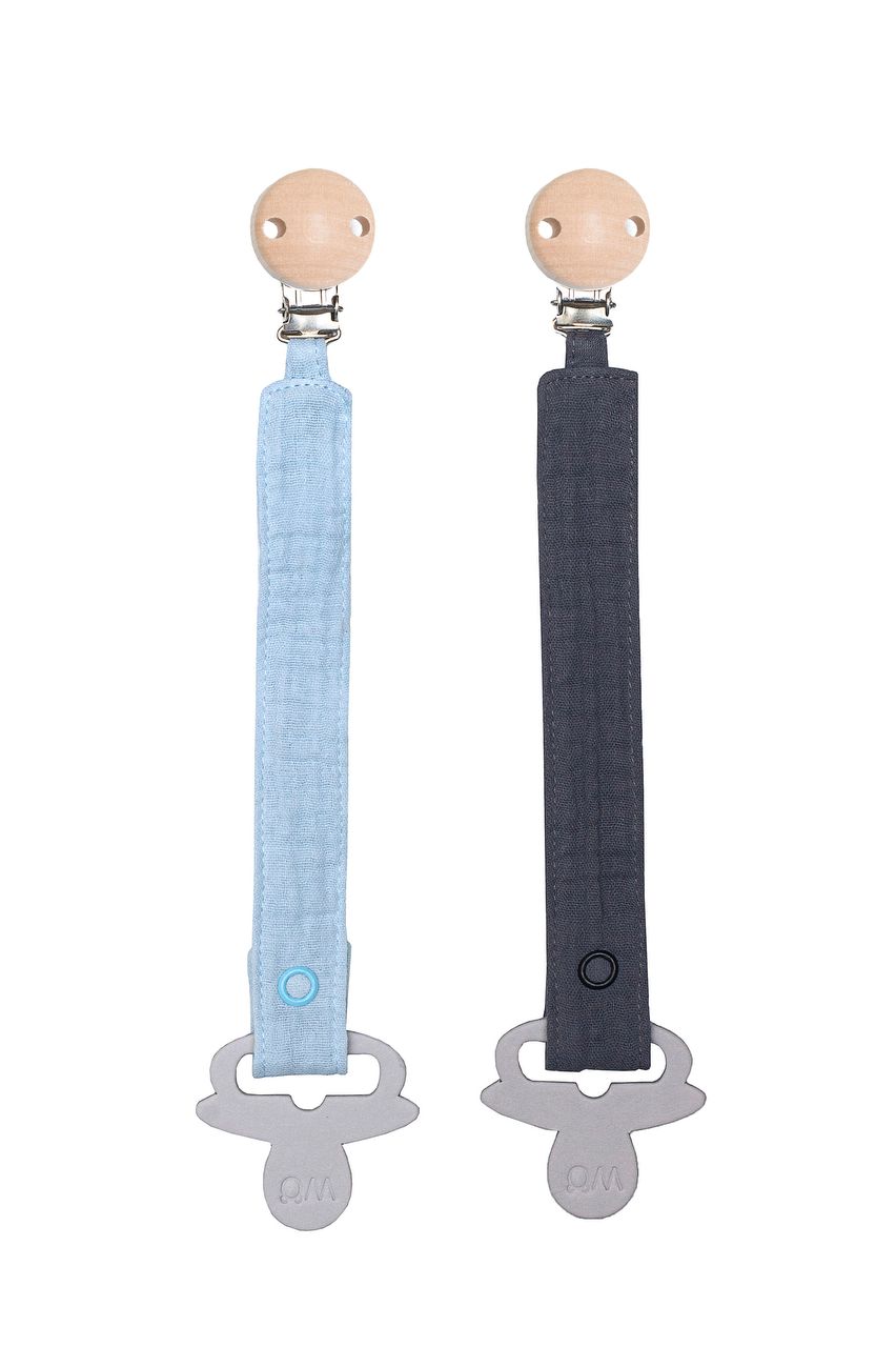 MUSLIN PACIFIER CLIP 2 PACK - IRON & BABY BLUE - Wooly Organic